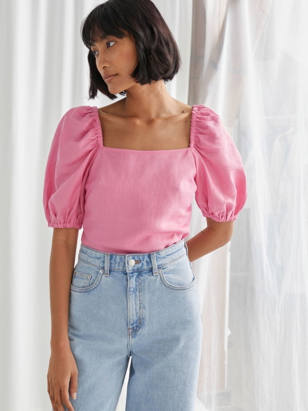 & Other Stories Linen Blend Puff Sleeve Top Pink Square Neck Size 2